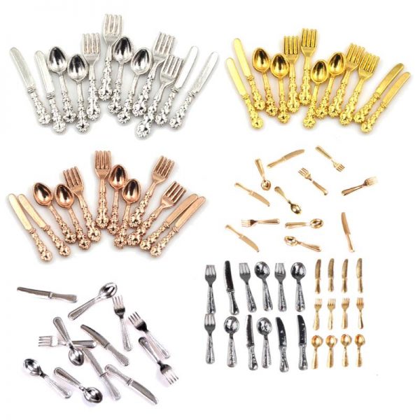12Pcs 1:12 Vintage Dollhouse Miniatures Tableware Cutlery Metal Knife Fork Spoon Kitchen Food Furniture Toys Gold/Silver - Image 2