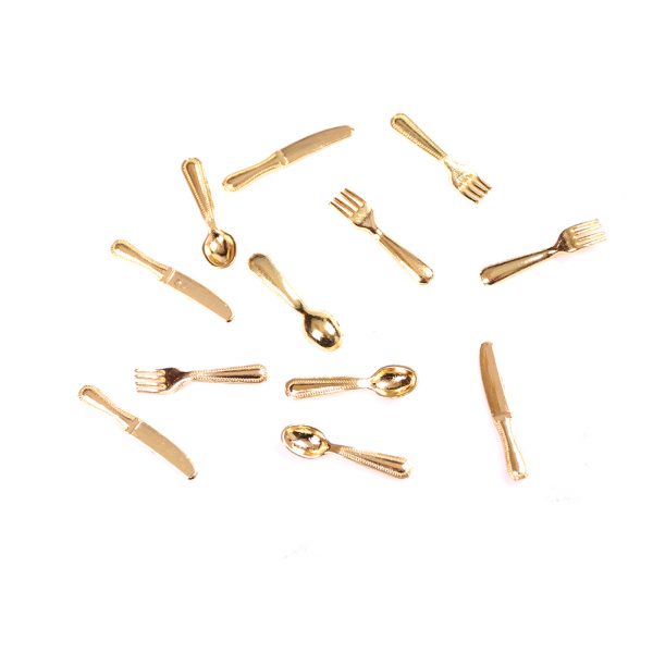 12Pcs 1:12 Vintage Dollhouse Miniatures Tableware Cutlery Metal Knife Fork Spoon Kitchen Food Furniture Toys Gold/Silver - Image 3