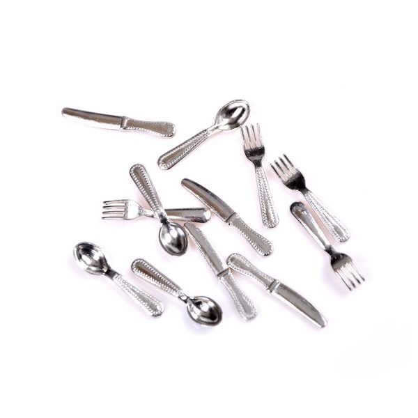 12Pcs 1:12 Vintage Dollhouse Miniatures Tableware Cutlery Metal Knife Fork Spoon Kitchen Food Furniture Toys Gold/Silver - Image 4