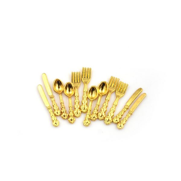 12Pcs 1:12 Vintage Dollhouse Miniatures Tableware Cutlery Metal Knife Fork Spoon Kitchen Food Furniture Toys Gold/Silver - Image 5