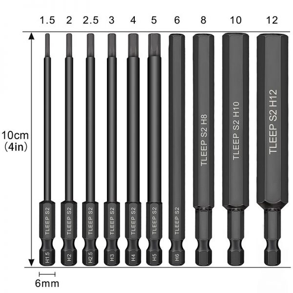 10pcs Hex Head Allen Wrench Drill Bit Set 100mm S2 Steel Allen Screwdriver Bits 1.5mm to 12mm Metric Hex Key Allen Bits with Mag