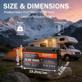 Аккумулятор LiFePO4 25.6В 100Ач 2560Вт·ч со встроенным BMS 100А для RV и солнечных систем | Доставка по Израилю
