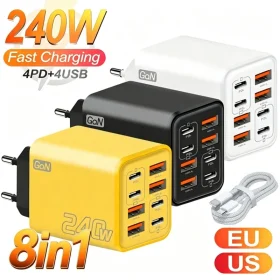 Настольное зарядное устройство GaN 8в1 240W с кабелем Type-C для iPhone, Samsung, Xiaomi | Быстрая доставка