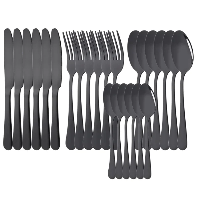 24Pcs Tableware Dinnerware Set Western Black Cutlery Set Stainless Steel Fork Knife Teaspoon Dinner Kitchen Flatware Set