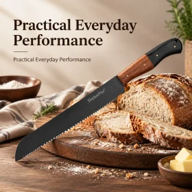 Premium Serrated Bread Knife — Titanium Coated Utility Knife For Kitchen Prep, Slicing Watermelon, Baguette & Cake