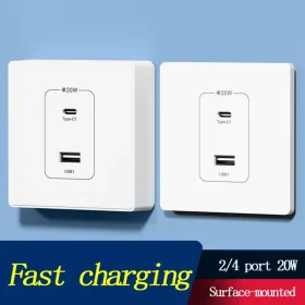 High-end GaN 86-Type Wall Surface Mounted 2/4-Port USB Socket Panel 220V To 5V Multi-Port Type-C PD 20W Charger Fast Charging