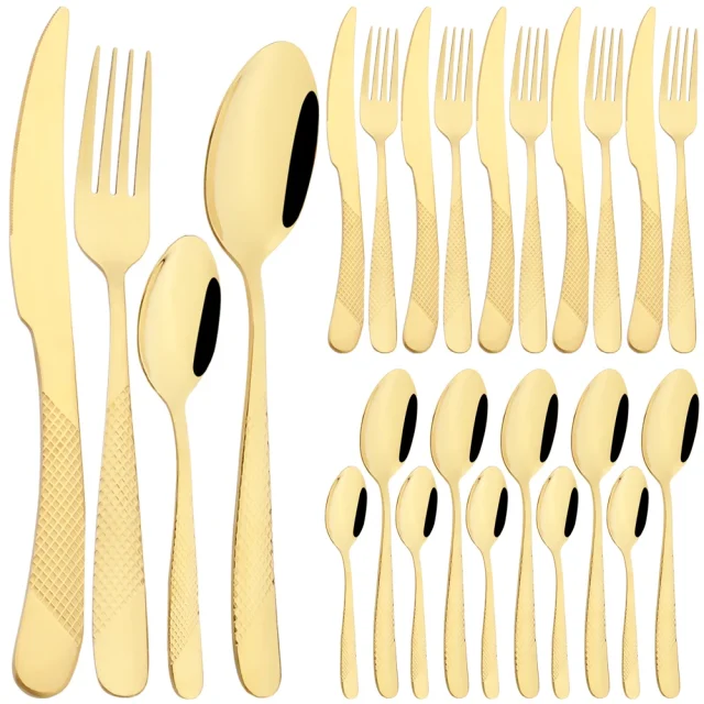 16/24Pcs Vintage Gold Cutlery Set Steak Knives Fork Coffee Spoon Dinnerware Set Stainless Steel Flatware Party Kitchen Tableware